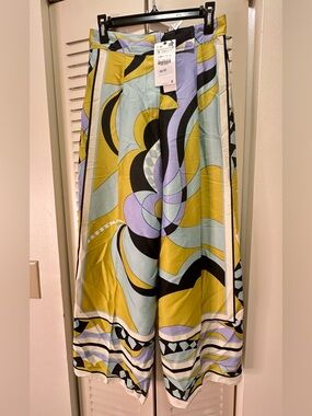 Zara Abstract Print Wide-Leg Pants in Yellow, Light Blue & Lavender